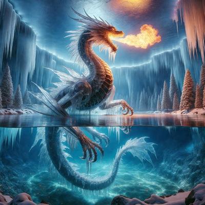 Primary subject: A dragon with a fire in its mouth.

Setting/background: The dragon is in a frozen underwater environment, surrounded by ice and snow.

Visual style: The image is a digital art or illustration.

Colors and mood: The dominant colors are blue, white, and orange, creating a cold and dramatic atmosphere.